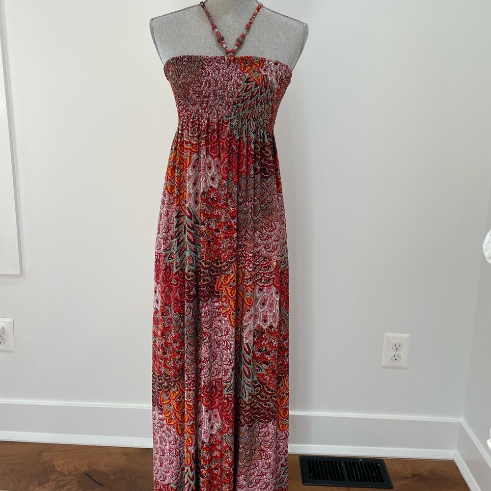 Maxi dress with beaded halter tie